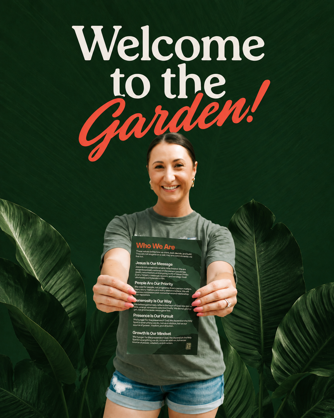 Welcome to the Garden — a member holding the Church in the Garden values card